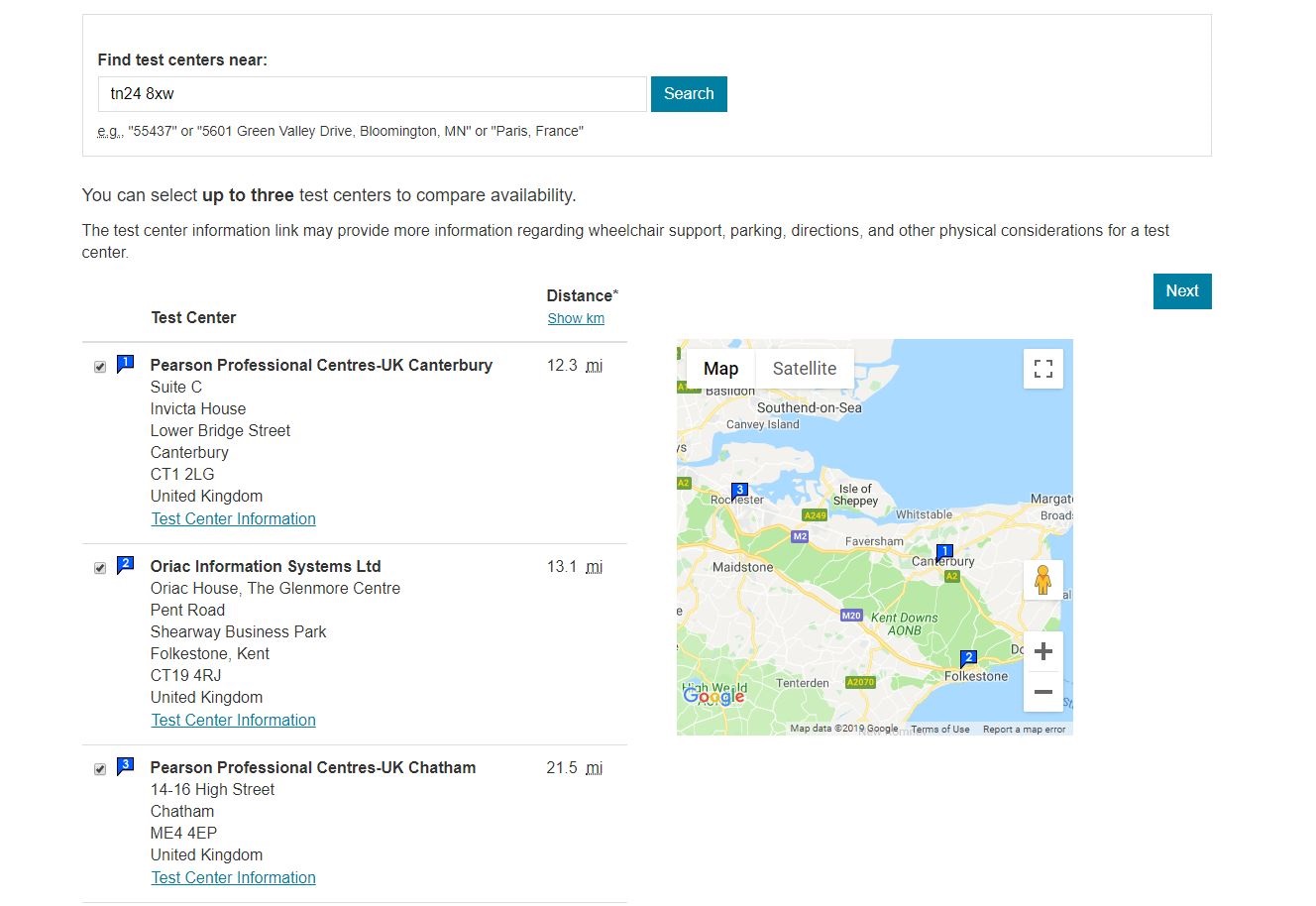 Figure 1 - Finding Pearson Vue venues near you