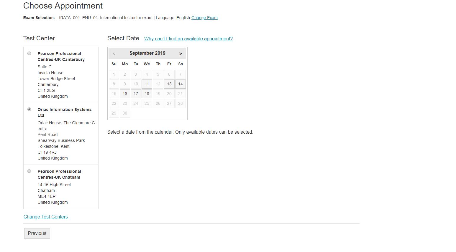 Figure 2 - Checking availability of selected Pearson Vue test centres